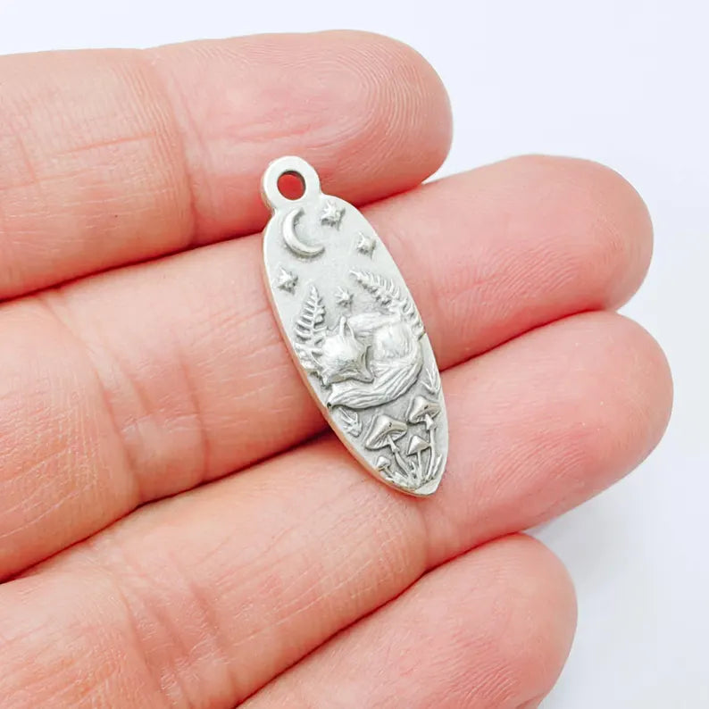 Sleeping Fox Moon Charm Pendant, Double Sided Woodland Design, Antique Silver Plated, 30x12mm, G37929