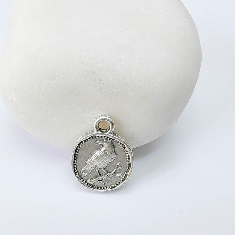 4 Raven Bird Charm Pendant, Double Sided Animal Design, Antique Silver Plated, 16x13mm, G37932