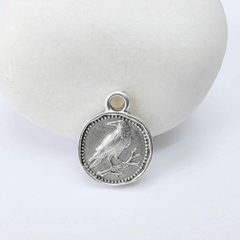 4 Raven Bird Charm Pendant, Double Sided Animal Design, Antique Silver Plated, 16x13mm, G37932