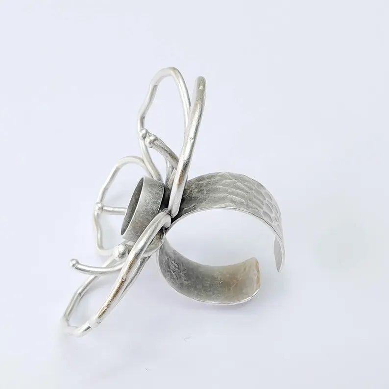 Antique Silver Adjustable Large Flower Ring Base, 10mm Round Bezel, Statement Floral Setting, G37935