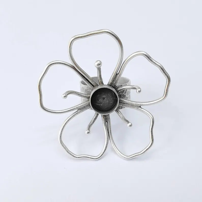 Antique Silver Adjustable Large Flower Ring Base, 10mm Round Bezel, Statement Floral Setting, G37935