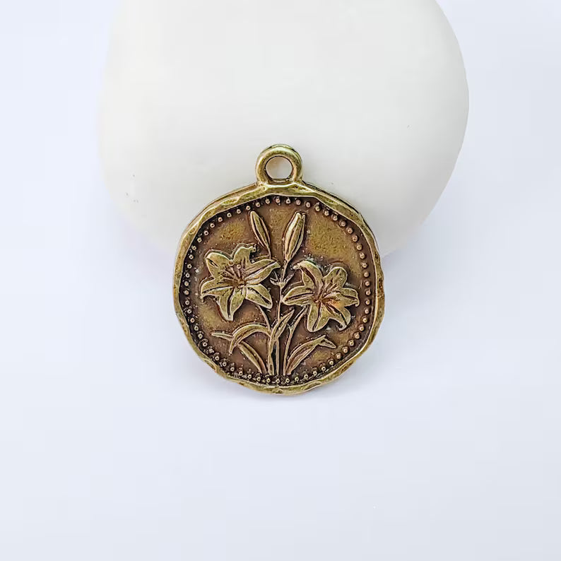 Lily Flower Charm Pendant, Double Sided Botanical Design, Antique Bronze Plated, 28x24mm, G37937