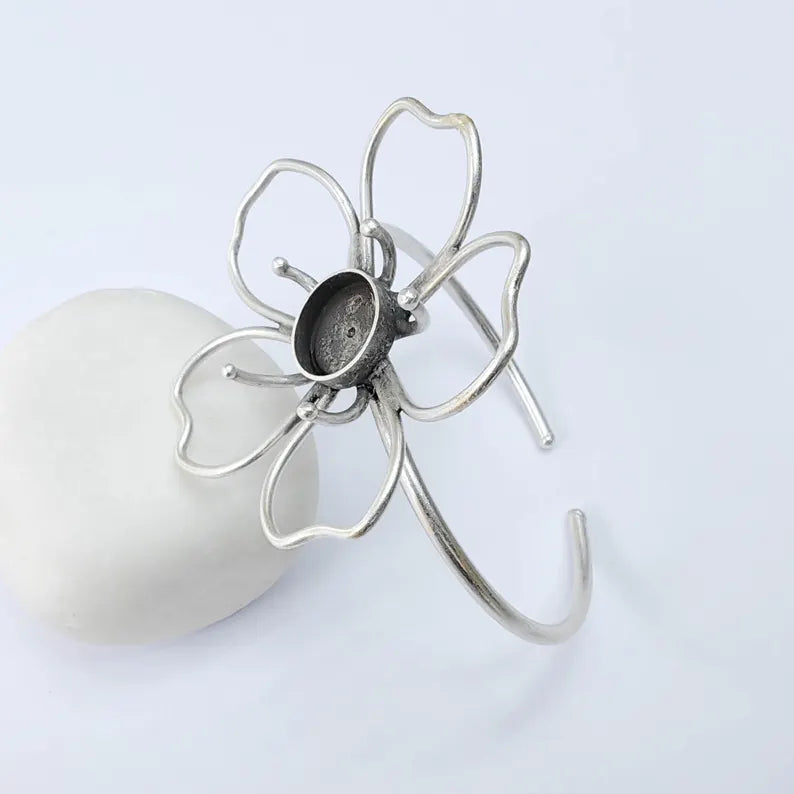 Flower Bezel Cuff, Adjustable Bracelet Blank, 12mm Round Setting, Open Floral Bracelet Base, G37939