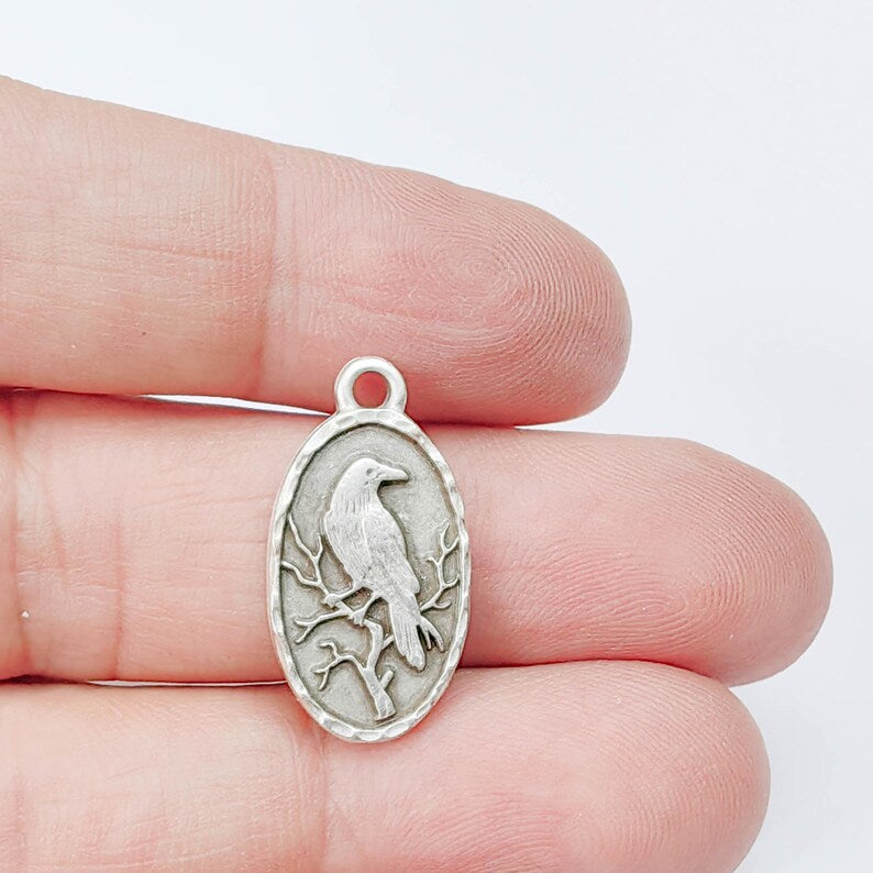 Raven Oval Charm Pendant, Double Sided Bird Design, Antique Silver Plated, 25x13mm, G37940