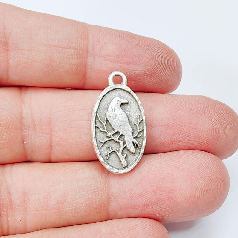 Raven Oval Charm Pendant, Double Sided Bird Design, Antique Silver Plated, 25x13mm, G37940