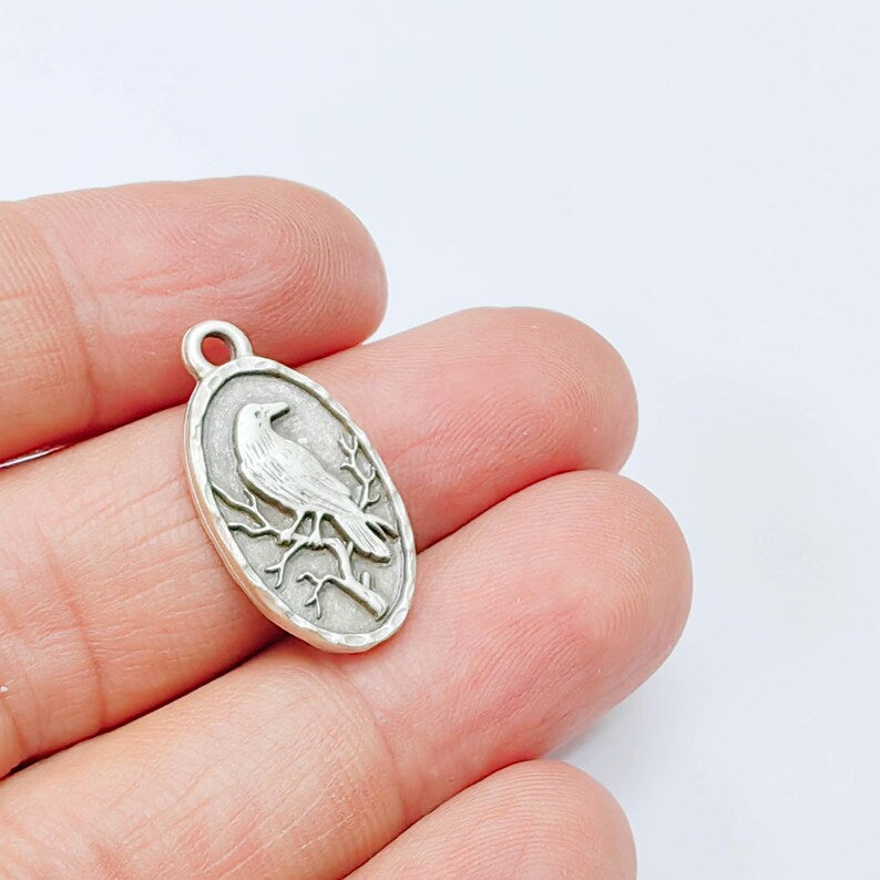 Raven Oval Charm Pendant, Double Sided Bird Design, Antique Silver Plated, 25x13mm, G37940