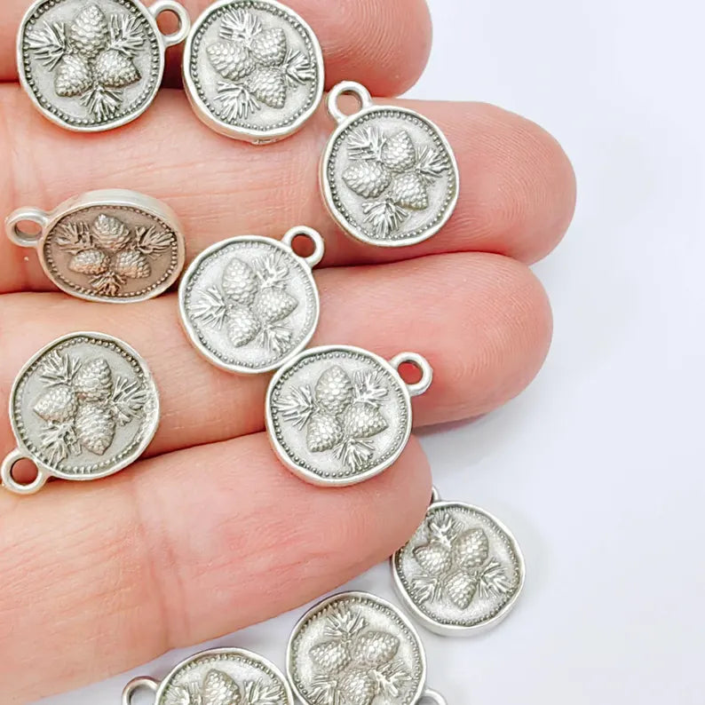 4 Pcs Pine Cone Round Charm Pendant, Double Sided Botanical Design, Antique Silver Plated, 16x13mm, G37941