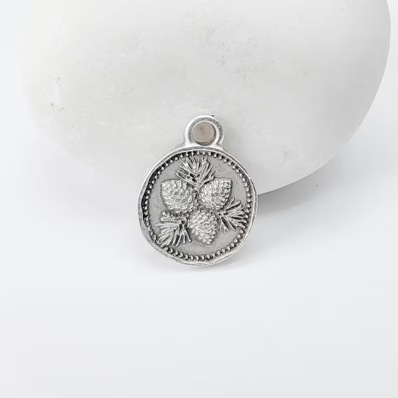 4 Pcs Pine Cone Round Charm Pendant, Double Sided Botanical Design, Antique Silver Plated, 16x13mm, G37941