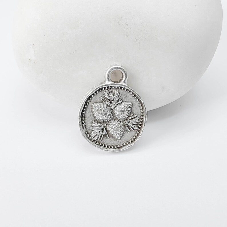 4 Pcs Pine Cone Round Charm Pendant, Double Sided Botanical Design, Antique Silver Plated, 16x13mm, G37941