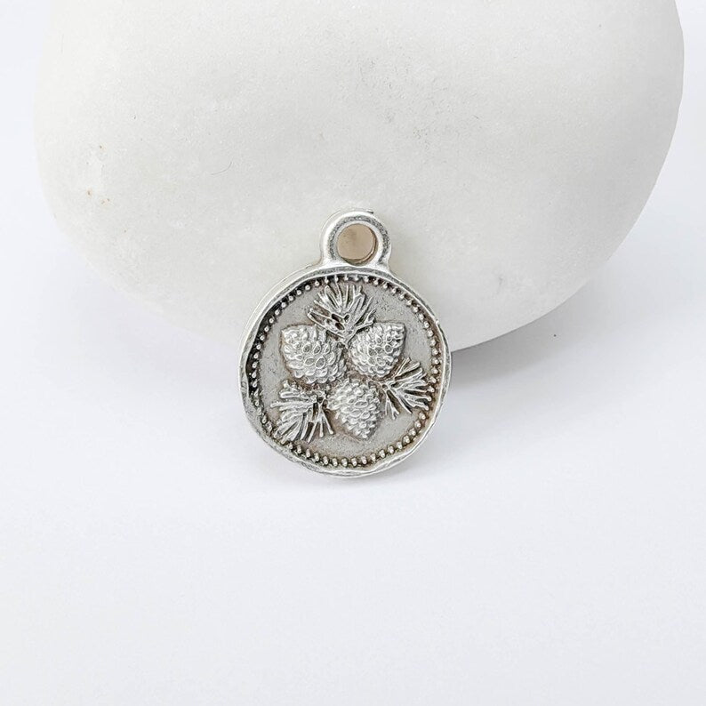 4 Pcs Pine Cone Round Charm Pendant, Double Sided Botanical Design, Antique Silver Plated, 16x13mm, G37941