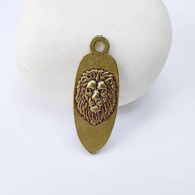 Lion Head Charm Pendant, Double Sided Animal Design, Antique Bronze Plated, 30x12mm, G37942