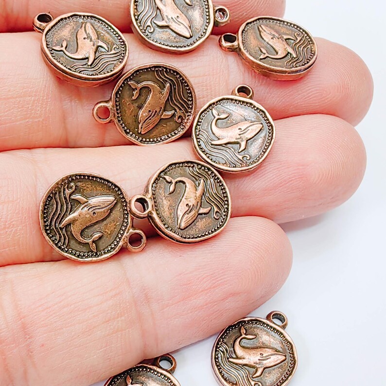 4 Whale Charm Pendant, Double Sided Ocean Animal Design, Antique Copper Plated, 20x13mm, G37943