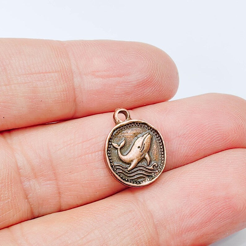 4 Whale Charm Pendant, Double Sided Ocean Animal Design, Antique Copper Plated, 20x13mm, G37943