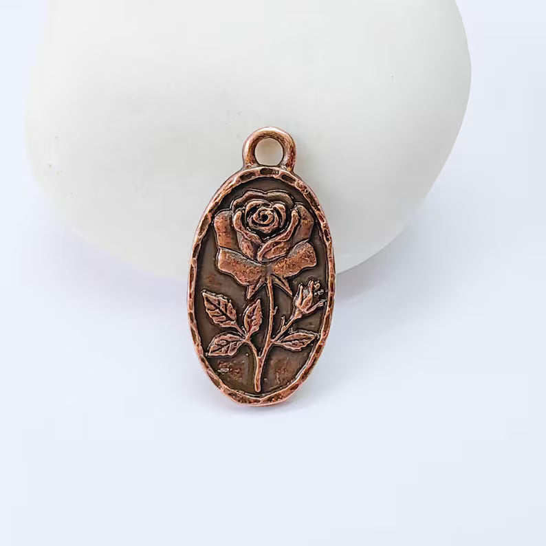 Rose Flower Charm Pendant, Double Sided Botanical Floral Design, 25x13mm, Antique Copper Plated G37945