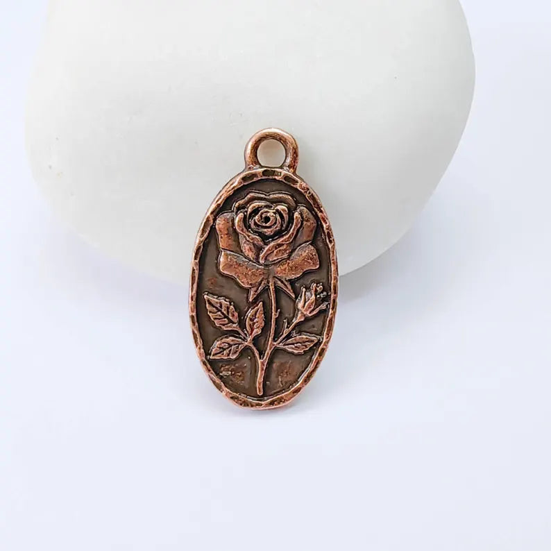 Rose Flower Charm Pendant, Double Sided Botanical Floral Design, 25x13mm, Antique Copper Plated G37945