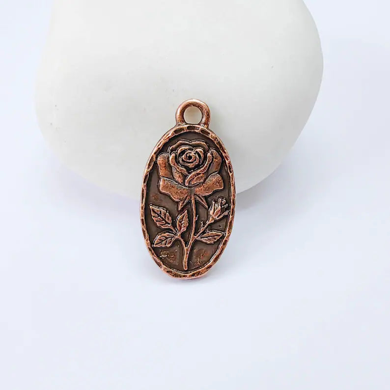 Rose Flower Charm Pendant, Double Sided Botanical Floral Design, 25x13mm, Antique Copper Plated G37945