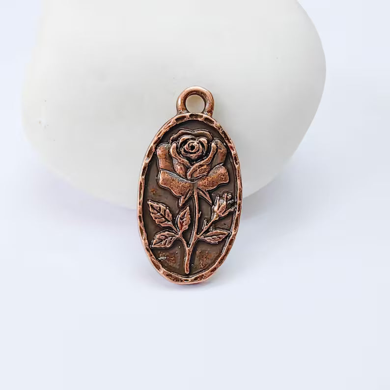 Rose Flower Charm Pendant, Double Sided Botanical Floral Design, 25x13mm, Antique Copper Plated G37945
