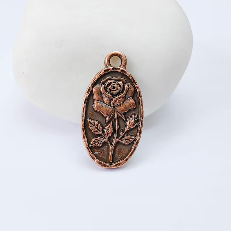 Rose Flower Charm Pendant, Double Sided Botanical Floral Design, 25x13mm, Antique Copper Plated G37945