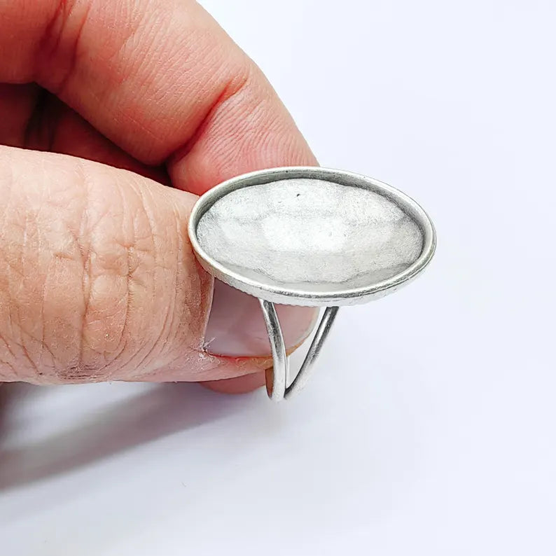 Antique Silver Adjustable Oval Rose Cut Ring Blank, 25x18mm Bezel Setting, G37967