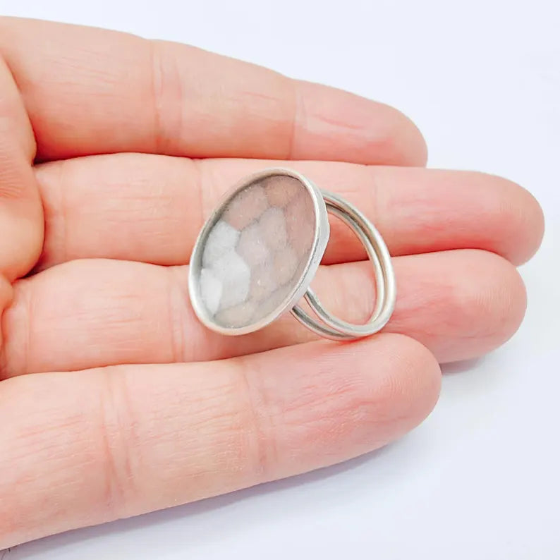 Antique Silver Adjustable Oval Rose Cut Ring Blank, 25x18mm Bezel Setting, G37967