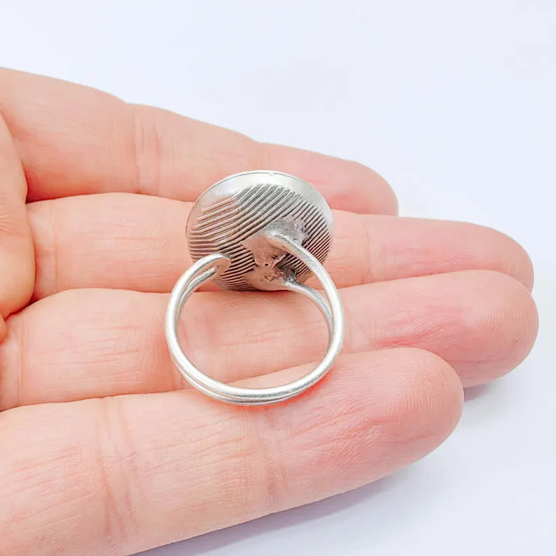 Antique Silver Adjustable Oval Rose Cut Ring Blank, 25x18mm Bezel Setting, G37967