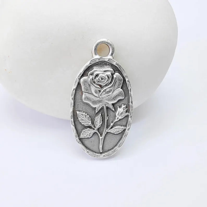 Rose Oval Charm Pendant, Double Sided Botanical Design, Antique Silver Plated, 25x13mm, G37968