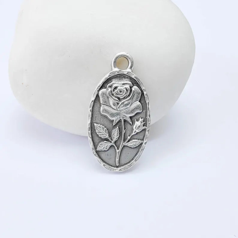 Rose Oval Charm Pendant, Double Sided Botanical Design, Antique Silver Plated, 25x13mm, G37968