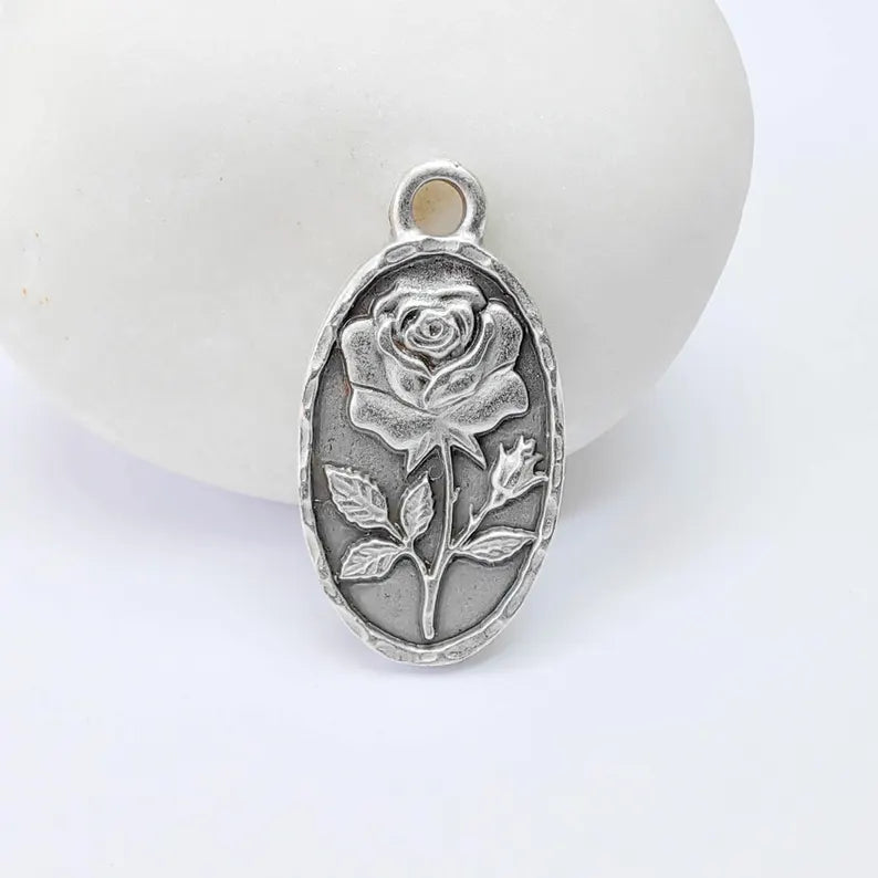 Rose Oval Charm Pendant, Double Sided Botanical Design, Antique Silver Plated, 25x13mm, G37968