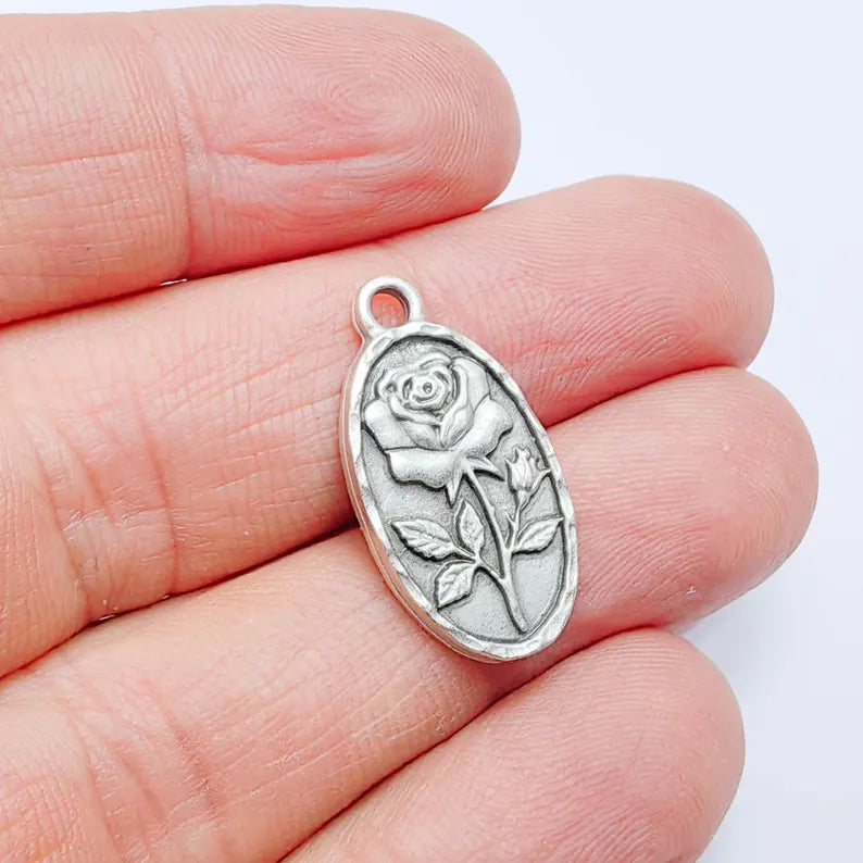 Rose Oval Charm Pendant, Double Sided Botanical Design, Antique Silver Plated, 25x13mm, G37968