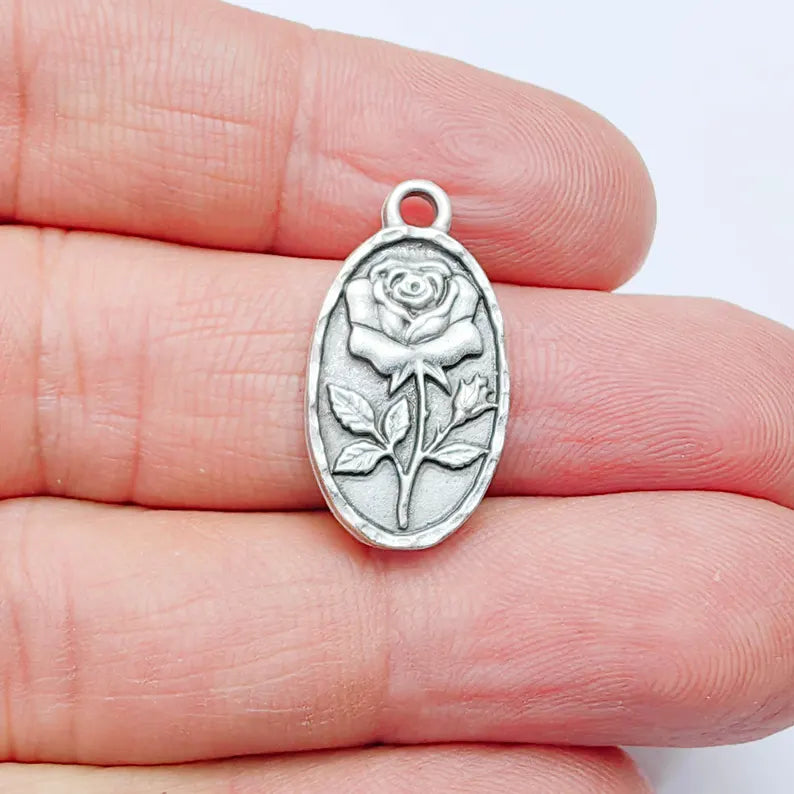 Rose Oval Charm Pendant, Double Sided Botanical Design, Antique Silver Plated, 25x13mm, G37968