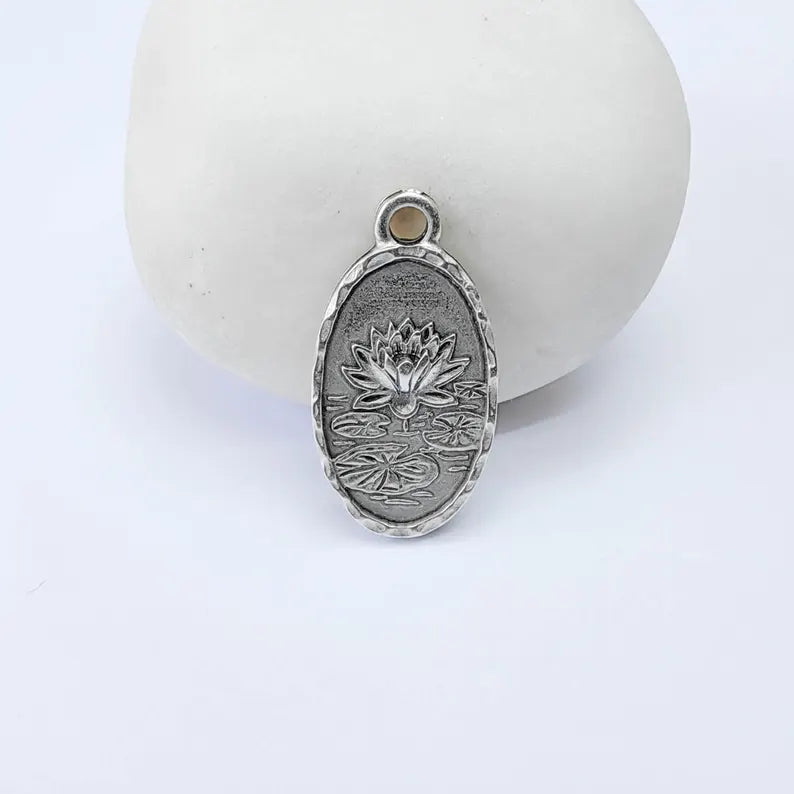 Lotus Charm Pendant, Double Sided Botanical Design, Antique Silver Plated, 25x13mm, G37976