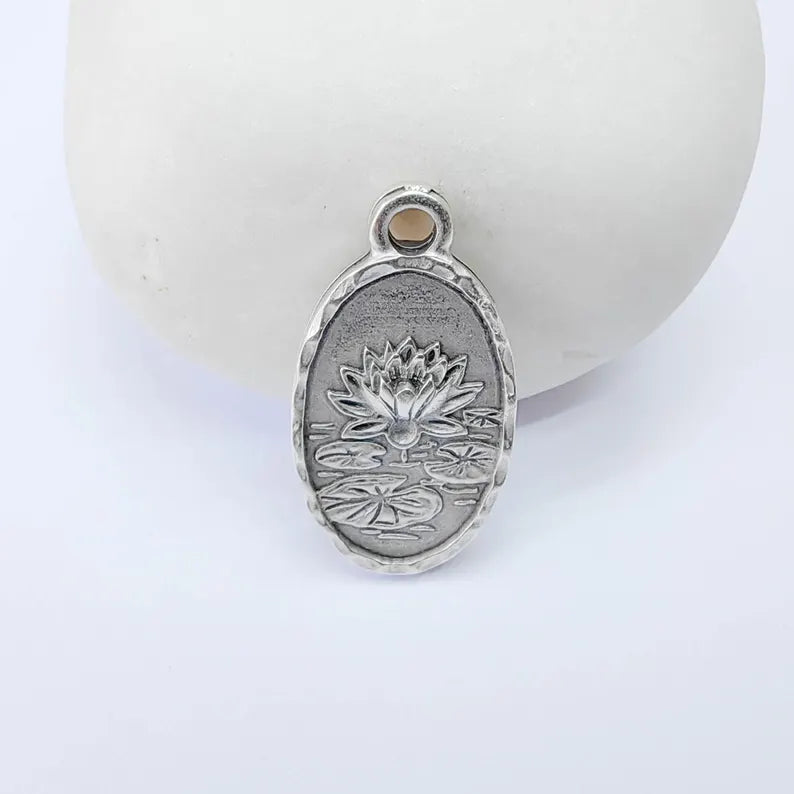 Lotus Charm Pendant, Double Sided Botanical Design, Antique Silver Plated, 25x13mm, G37976