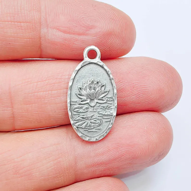 Lotus Charm Pendant, Double Sided Botanical Design, Antique Silver Plated, 25x13mm, G37976
