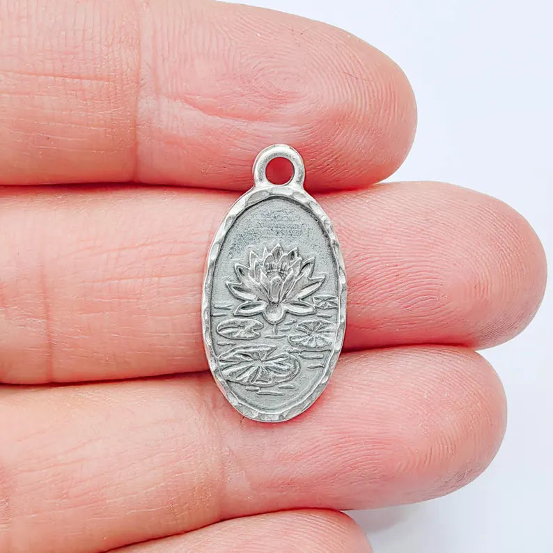 Lotus Charm Pendant, Double Sided Botanical Design, Antique Silver Plated, 25x13mm, G37976