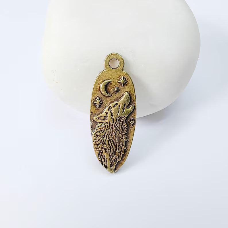 Wolf Head Charm Pendant, Double Sided Celestial Animal Design, 30x12mm, Antique Bronze Plated G37949