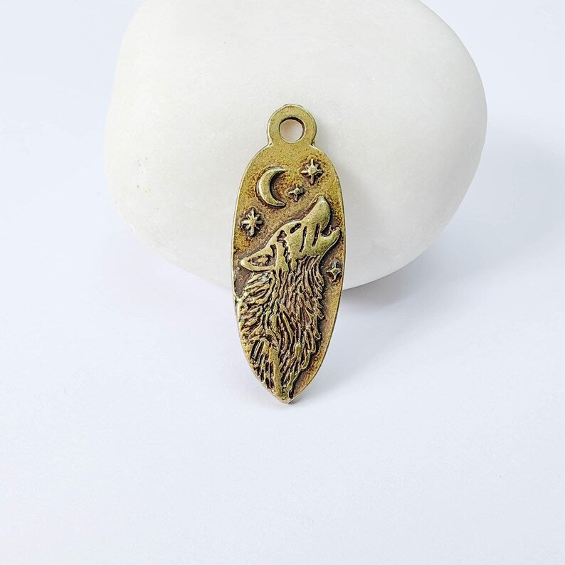 Wolf Head Charm Pendant, Double Sided Celestial Animal Design, 30x12mm, Antique Bronze Plated G37949