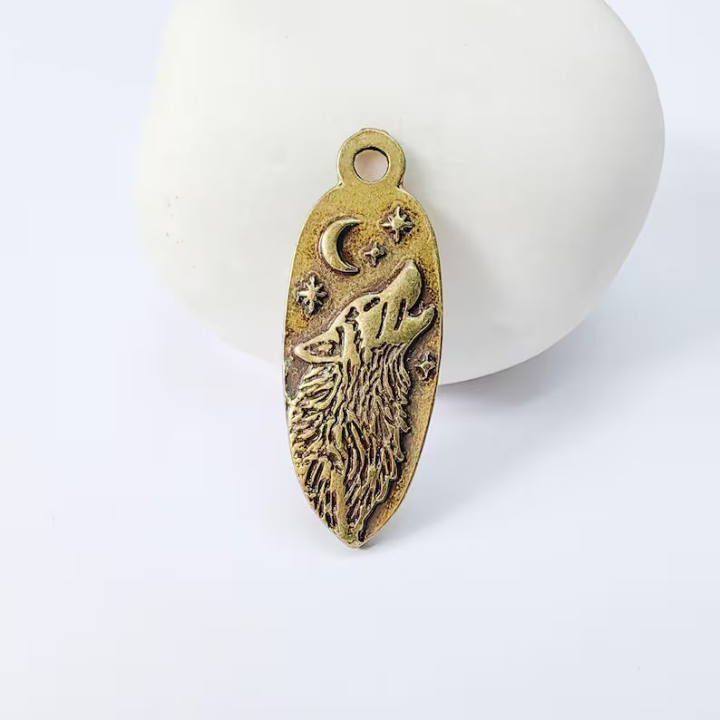 Wolf Head Charm Pendant, Double Sided Celestial Animal Design, 30x12mm, Antique Bronze Plated G37949