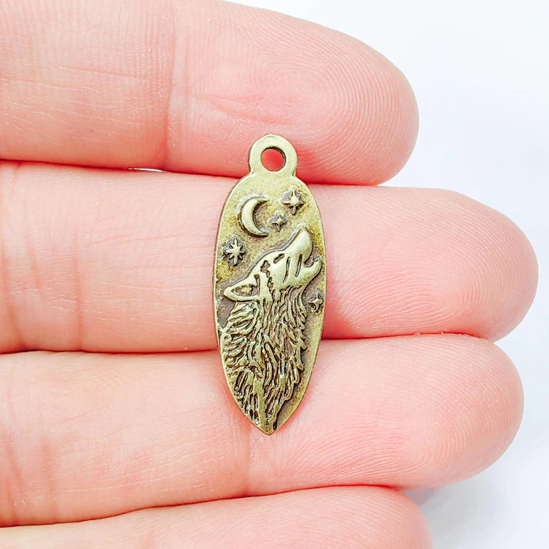 Wolf Head Charm Pendant, Double Sided Celestial Animal Design, 30x12mm, Antique Bronze Plated G37949