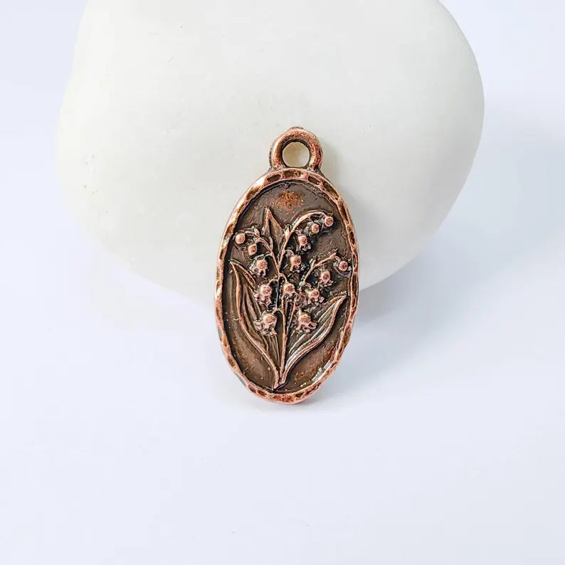 Lily of the Valley Oval Charm Pendant, Double Sided Botanical Design, Antique Copper Plated, 25x13mm, G37950