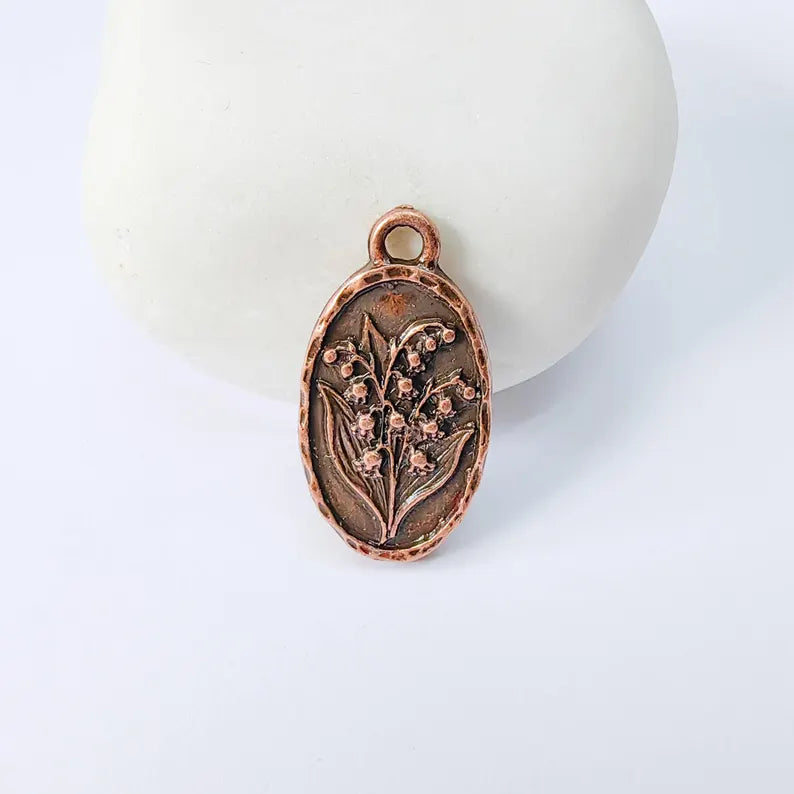 Lily of the Valley Oval Charm Pendant, Double Sided Botanical Design, Antique Copper Plated, 25x13mm, G37950