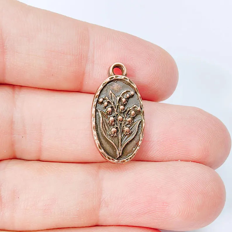 Lily of the Valley Oval Charm Pendant, Double Sided Botanical Design, Antique Copper Plated, 25x13mm, G37950