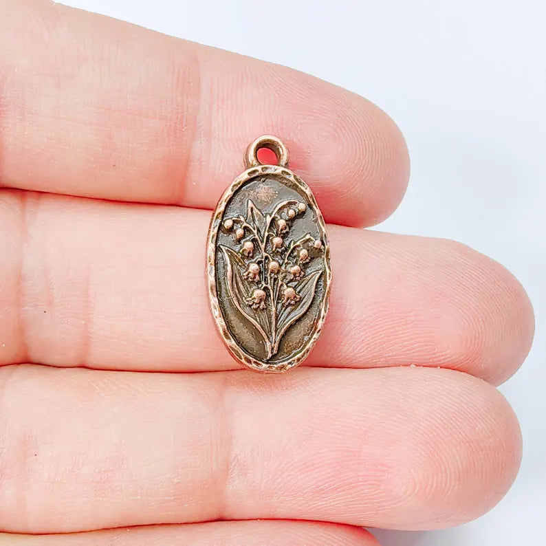 Lily of the Valley Oval Charm Pendant, Double Sided Botanical Design, Antique Copper Plated, 25x13mm, G37950