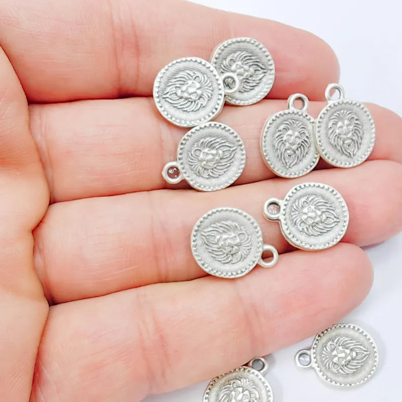 4 Pcs Lion Head Round Charm Pendant, Double Sided Animal Design, Antique Silver Plated, 16x13mm, G37951