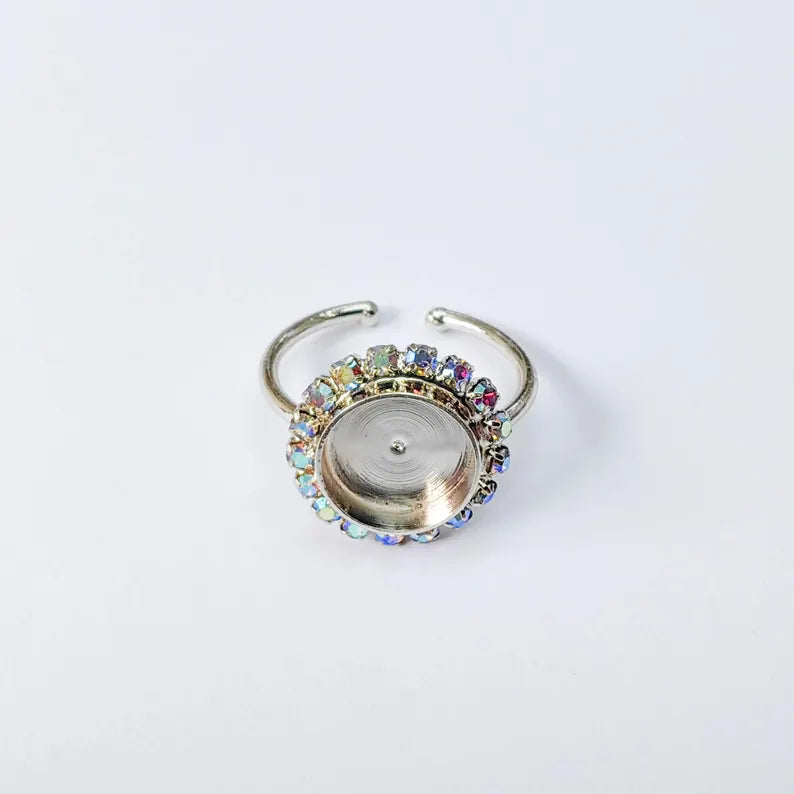 Ring Blank Rainbow Clear Color Crystals, Bezel Setting Cabochon Resin Shiny Silver Base Rhodium Plated Brass Adjustable (10mm) G37952