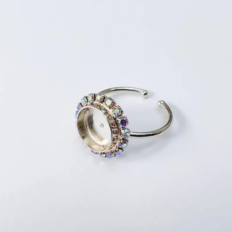 Ring Blank Rainbow Clear Color Crystals, Bezel Setting Cabochon Resin Shiny Silver Base Rhodium Plated Brass Adjustable (10mm) G37952