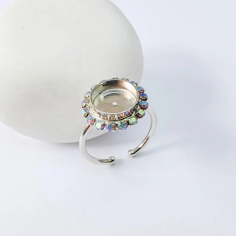 Ring Blank Rainbow Clear Color Crystals, Bezel Setting Cabochon Resin Shiny Silver Base Rhodium Plated Brass Adjustable (10mm) G37952