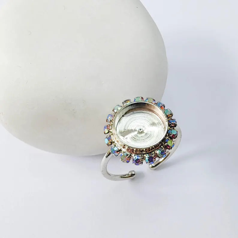 Ring Blank Rainbow Clear Color Crystals, Bezel Setting Cabochon Resin Shiny Silver Base Rhodium Plated Brass Adjustable (10mm) G37952