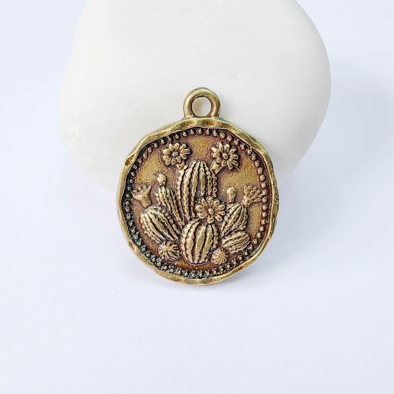 Cactus Flower Charm Pendant, Double Sided Desert Botanical Design, Antique Bronze Plated, 28x24mm, G37953