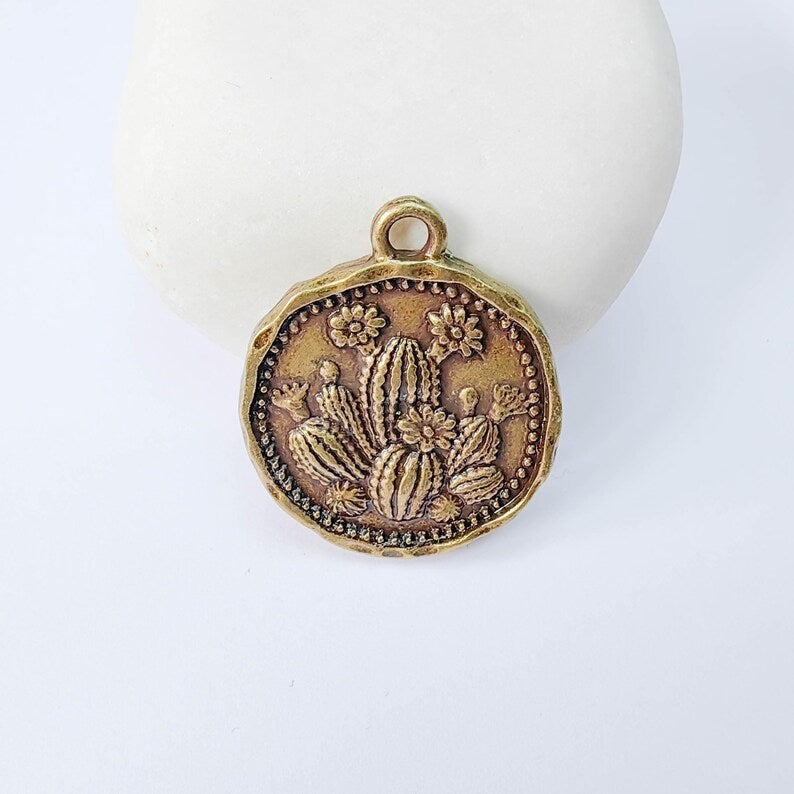 Cactus Flower Charm Pendant, Double Sided Desert Botanical Design, Antique Bronze Plated, 28x24mm, G37953