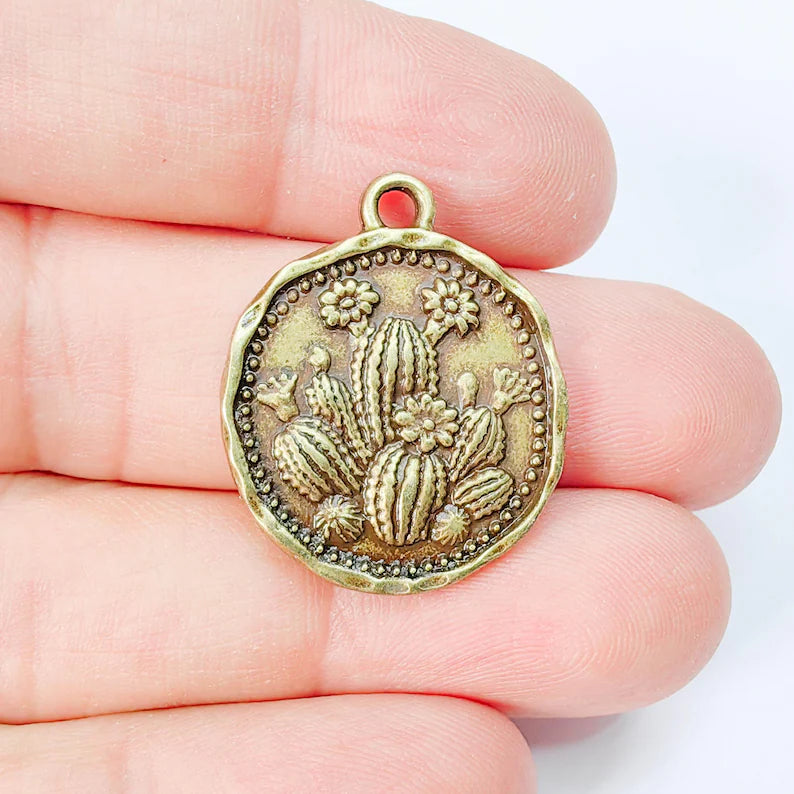 Cactus Flower Charm Pendant, Double Sided Desert Botanical Design, Antique Bronze Plated, 28x24mm, G37953